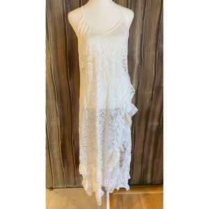 Womens Lace Midi Dress Size L White Ruffled Boho Asymmetric Fairy Beach Festival